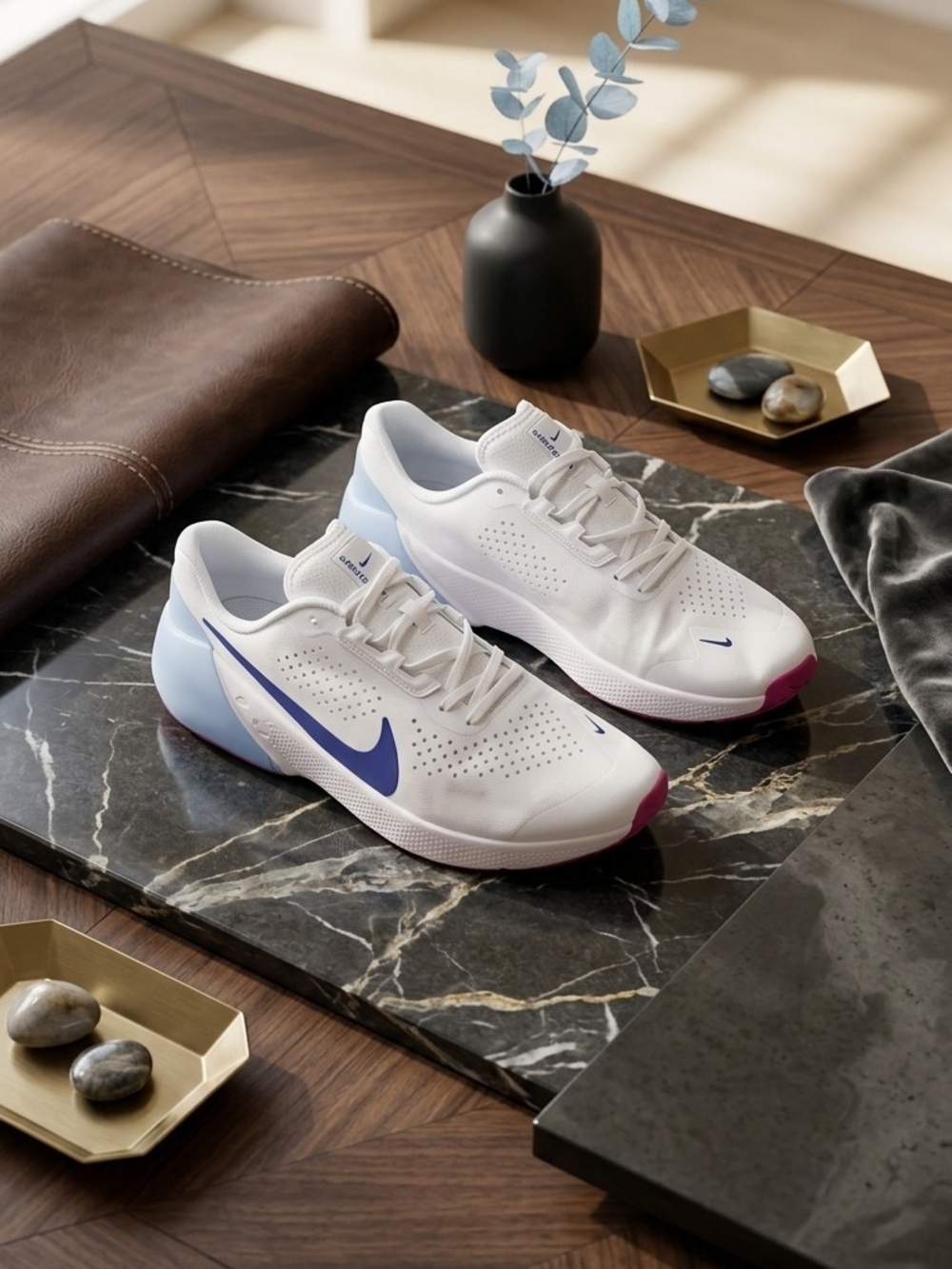 Nike Men’s White Athletic Sneakers with Blue Swoosh and Pink Accents